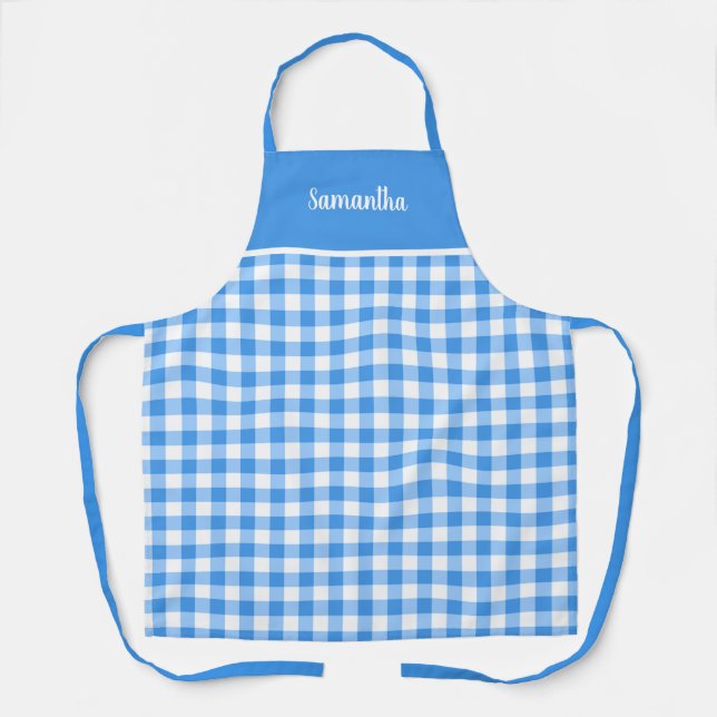 Tablier Nom En vichy Bleu Et Blanc Classique Personnalisé (Recto)