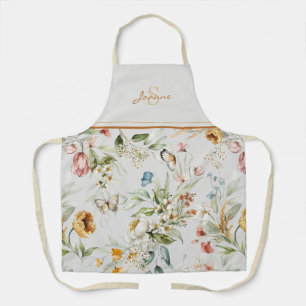 Tablier Nom Initial Elegant Fleurs sauvages d'aquarelle