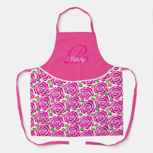 Tablier Nom Initial Stylé Roses Rose Chaud Magenta Personn