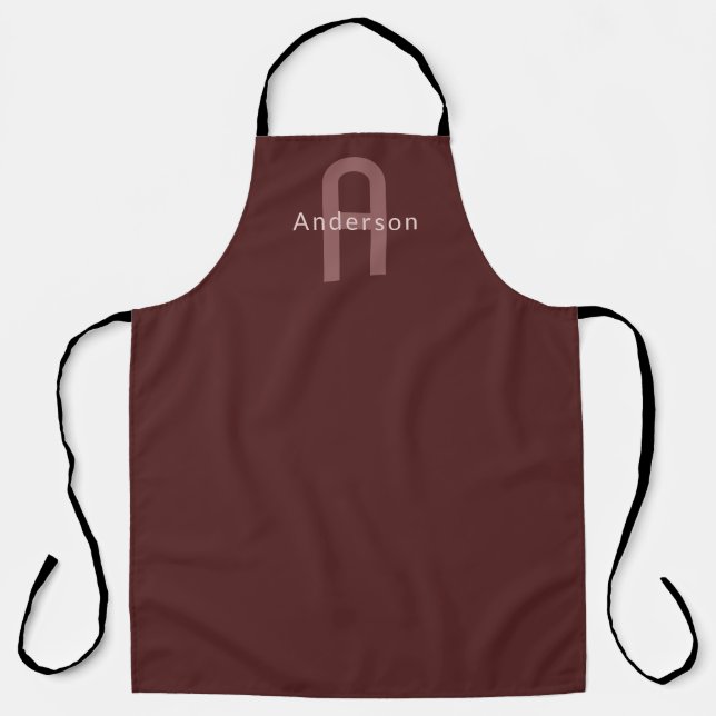 Tablier Nom Monogramme d'apparence moderne | Rouge marron (Recto)