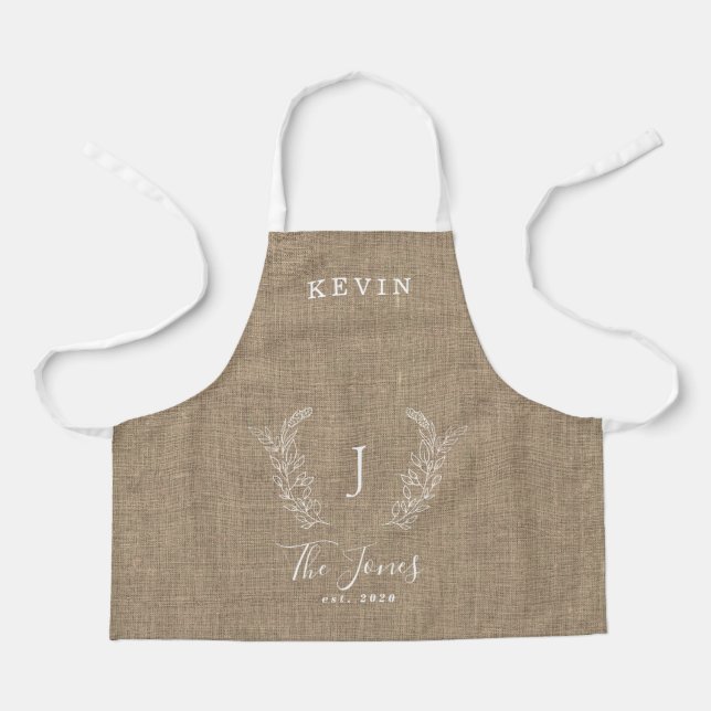 Tablier Nom monogramme de famille burlap rustique personna (Recto)