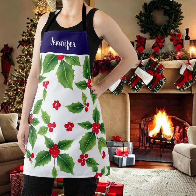 Tablier Nom monogramme des baies de Noël (Watercolor holly, red berries Christmas apron. You can add your own name to personalize.)
