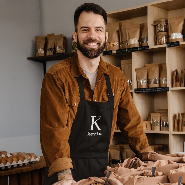 Tablier Nom monogramme noir moderne personnalisé (Créateur téléchargé)