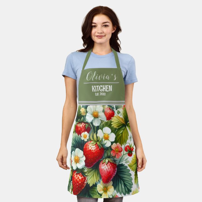 Tablier Nom personnalisé Apron, Boho Floral Strawberry (Porté)