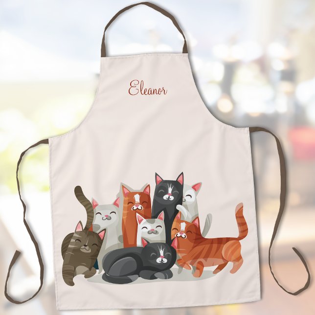 Tablier Nom personnalisé avec illustration de chats mignon (Cat lady gift idea! 🐈😻🐈‍⬛)