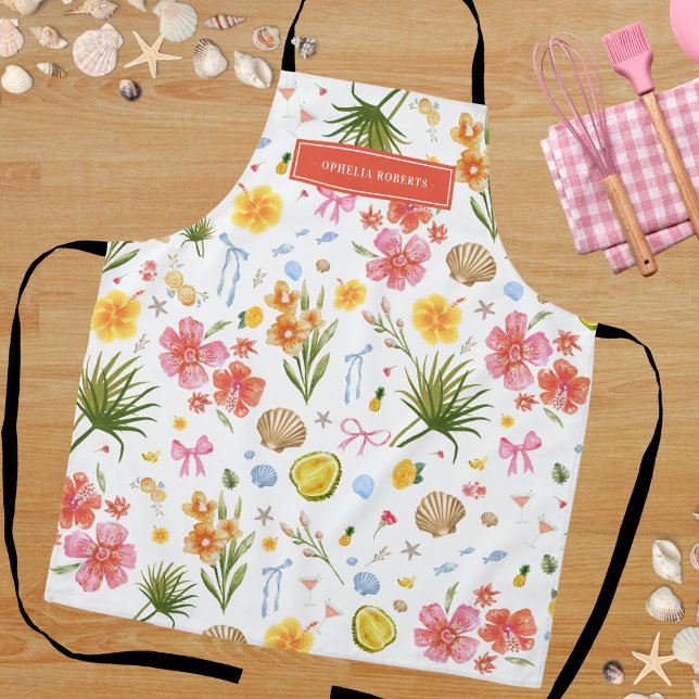 Tablier Nom personnalisé Coquillages Floraux Tropicaux Cui (Créateur téléchargé)