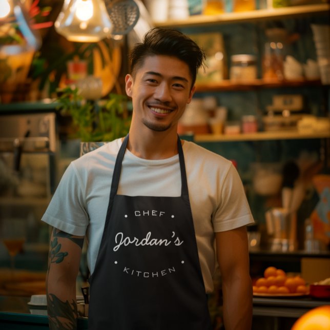 Tablier Nom personnalisé Cuisine du chef Blanc noir (Custom apron Chef's kitchen)