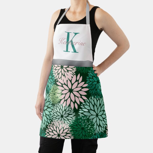 Tablier Nom personnalisé du monogramme vert rose dahlia (Insitu)