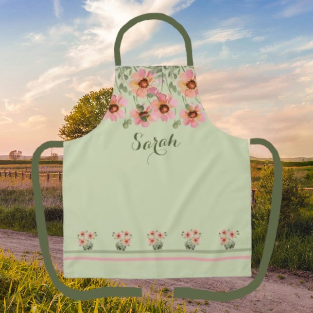 Tablier Nom personnalisé été Vert Floral Apron (Créateur téléchargé)
