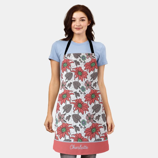 Tablier Nom personnalisé floral transparent motif rose (Porté)