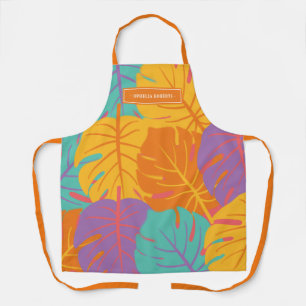 Tablier Nom personnalisé Motif de feuille tropicale rétro