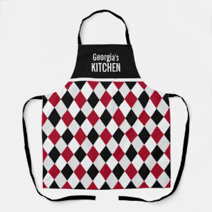 Tablier Nom personnalisé motif diamant arlequin noir rouge