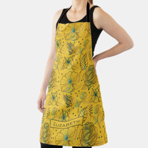 Tablier Nom personnalisé motif floral jaune transparent