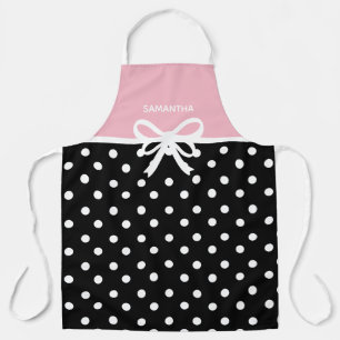 Tablier Nom personnalisé Pink Black Polka Point Ribbon Bo