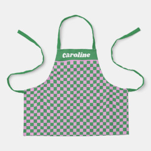 Tablier Nom personnalisé rétro à carreaux verts et roses