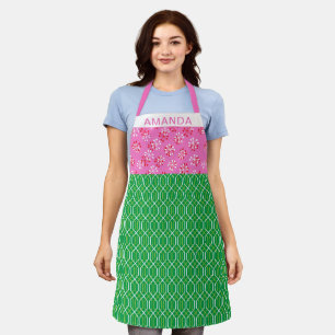 Tablier Nom personnalisé rose et vert Retro géométrique
