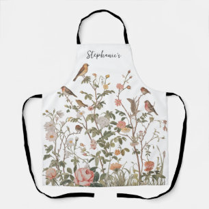 Tablier Nom personnalisé tendance fleurs sauvages et oisea