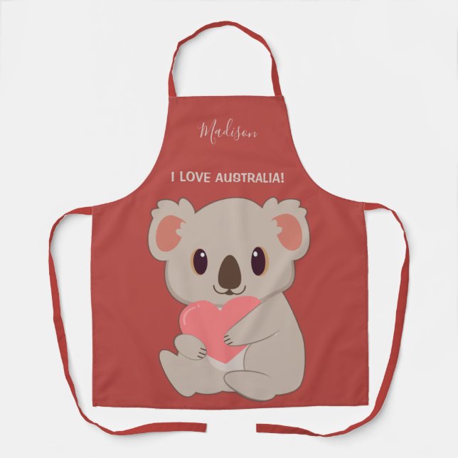 Tablier Nom personnalisé, texte et couleur amour Koala (Recto)
