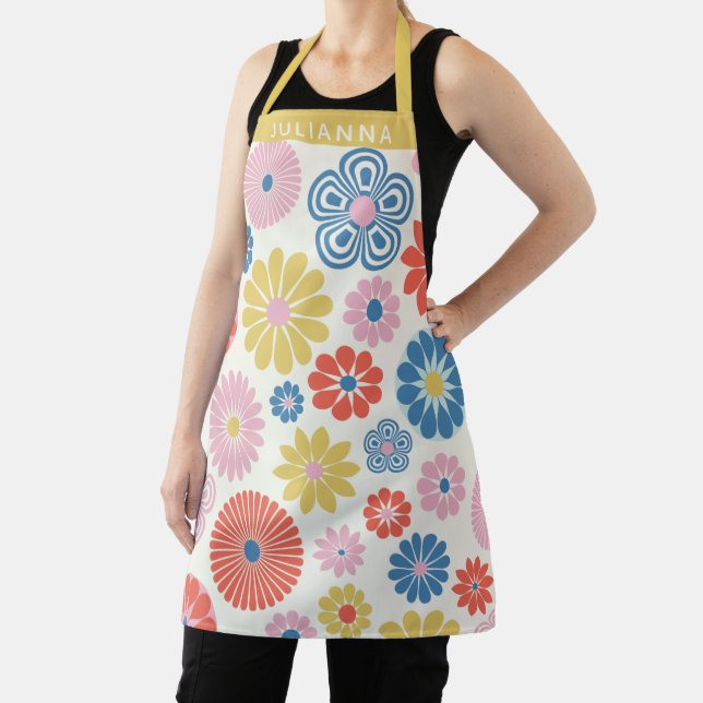 Tablier Nom personnalisé Vibrant Retro Floral Summer Boho (Insitu)