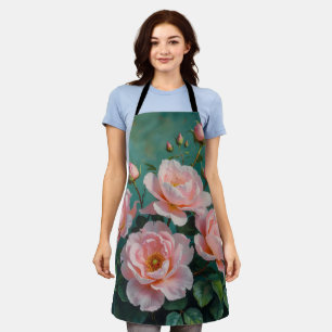 Tablier Œuvre d'art Pivoines Roses sur Fond Vert Émeraude