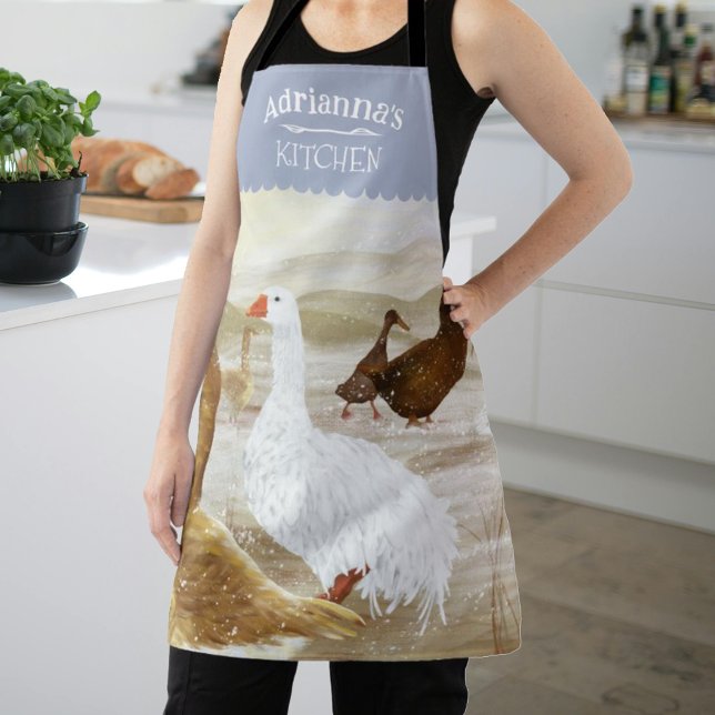 Tablier Oies de ferme nostalgique Personnalisée Bleu clair (light blue kitchen apron with geese, white & brown wild geese, personalized cooking apron with name)
