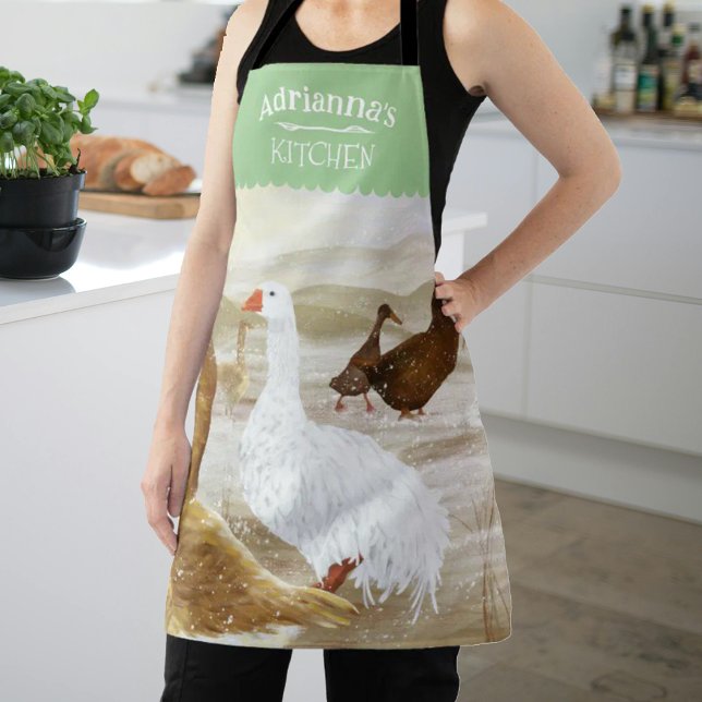 Tablier Oies de ferme nostalgique vert personnalisé (light green kitchen apron with geese, white & brown wild geese, personalized cooking apron with name)