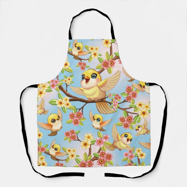 Tablier Oiseaux mignons et heureux parmi les fleurs du pri (Recto)