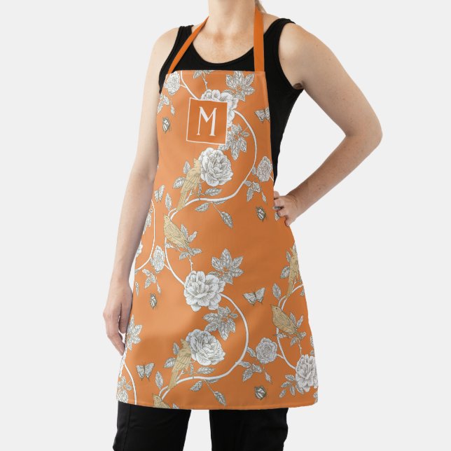 Tablier Orange Chinoiserie Floral Monogramme (Insitu)