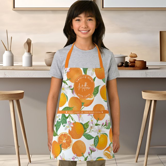 Tablier Orange Citrus Motif Aquarelle Chef Enfants Nom (Orange Citrus Pattern Watercolor Chef Kids Name Apron)