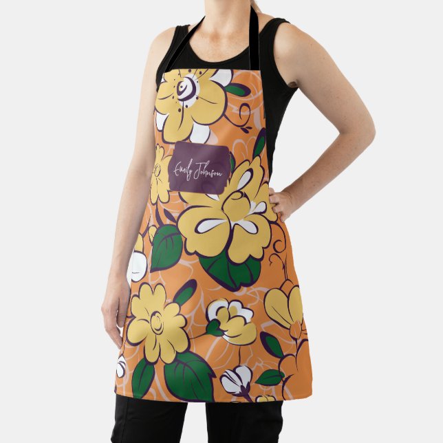 Tablier Orange Retro Botanical Yellow Flowers Custom Name (Insitu)
