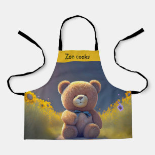 Tablier ours en peluche dans une prairie, enfants mignons
