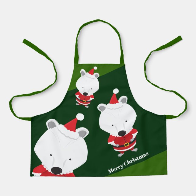 Tablier Ours polaire mignon Père Noël vert Joyeux Noël (Recto)