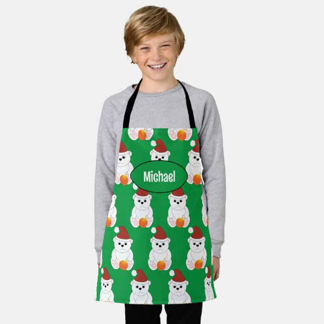 Tablier Ours polaire Noël Père Noël vert mignon Votre nom (Porté)