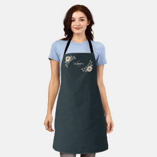 Tablier Oxford Blue Gold Monogramme Fleurs élégantes