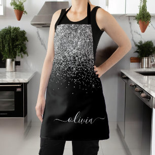 Tablier Paillettes Argent Noir Nom Monogramme Féminin