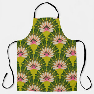 Tablier Papier peint en lotus stylisé : rose, vert.