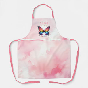 Tablier Papillon Arc-en-Ciel Aquarelle Rose Personnalisé