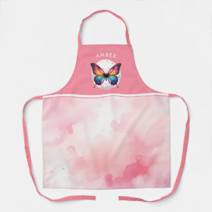 Tablier Papillon Arc-en-Ciel Aquarelle Rose Personnalisé