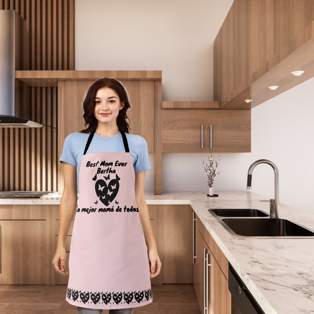 Tablier Papillons & Coeur Nom personnalisé, rose bilingue (Pink Bilingual Apron; best mom ever, la mejor mamá de todas. multilingual project)