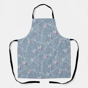 Tablier Papillons en relief aquarelle sur lin bleu denim