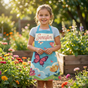 Tablier Papillons et jardin floral sous un ciel bleu fanta