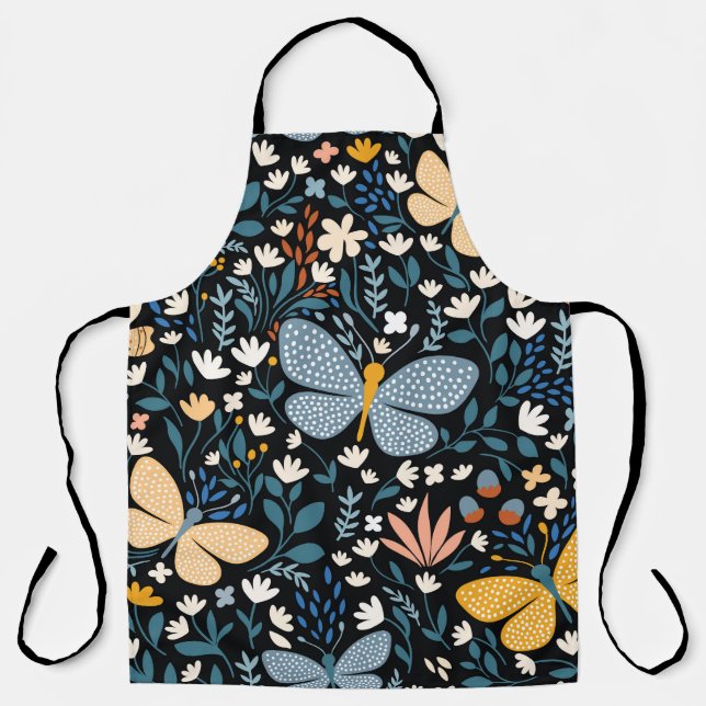 Tablier Papillons Floral : Main Tirée Sans Couture. (Recto)