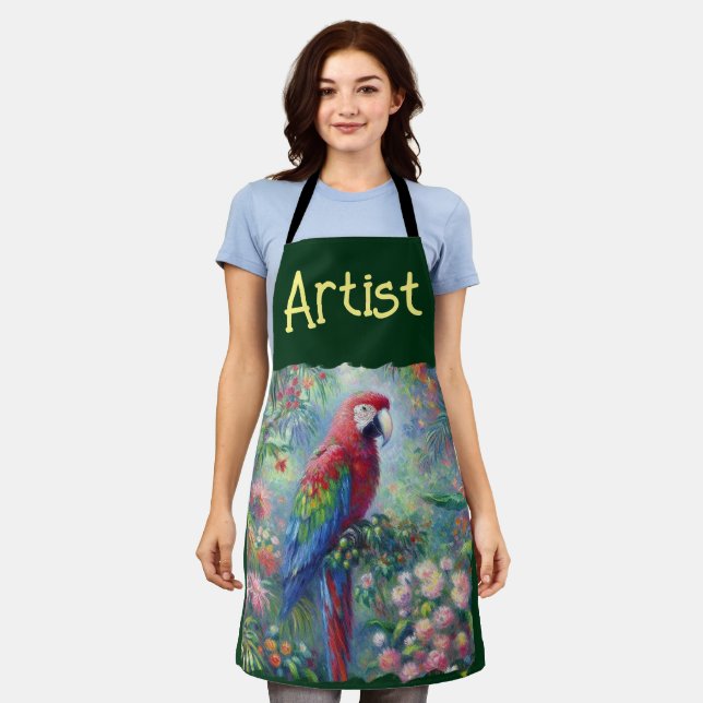 Tablier Parrot Oiseau Jungle Floral Rouge Bleu Vert Fleurs (Porté)