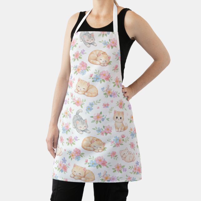 Tablier Pastel Kitten and Floral Pattern Kitchen Apron (Insitu)
