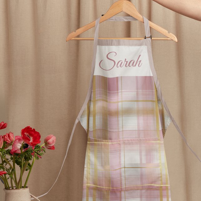 Tablier Pastel Pink & Gold Plaid Custom Name Kitchen Apron (Créateur téléchargé)