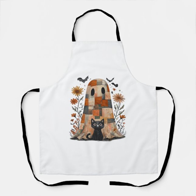 Tablier Patchwork Halloween Fantôme et chat, Retro Éffraya (Recto)