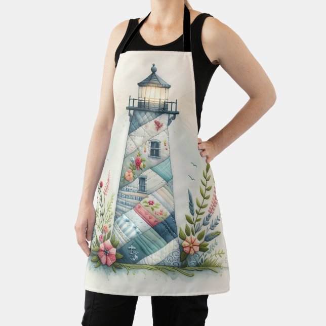 Tablier Patchwork Lighthouse Coastal Floral Scene (Insitu)