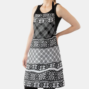 Tablier Patchwork rayé noir et blanc avec dentelle