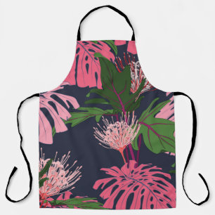 Tablier Paume tropicale exotique vert et rose feuilles et 