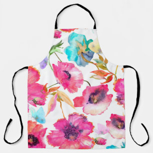 Tablier Pavot rouge et fleurs bleues avec papillons, wquoi